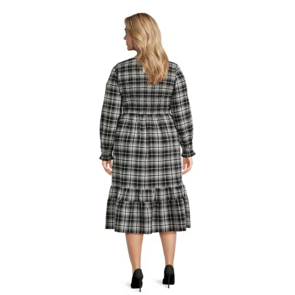 Terra & Sky Women's Plus Size 1X, 3X, 4X Tiered Peasant Midi Dress Plaid Black - Picture 3 of 9
